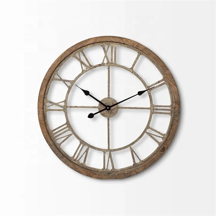 Antique Rustic Metal Wood Clocks Farmhouse Gold Roman Round Wall Clock Quartz Clock Movements for Home Living Room Decoration