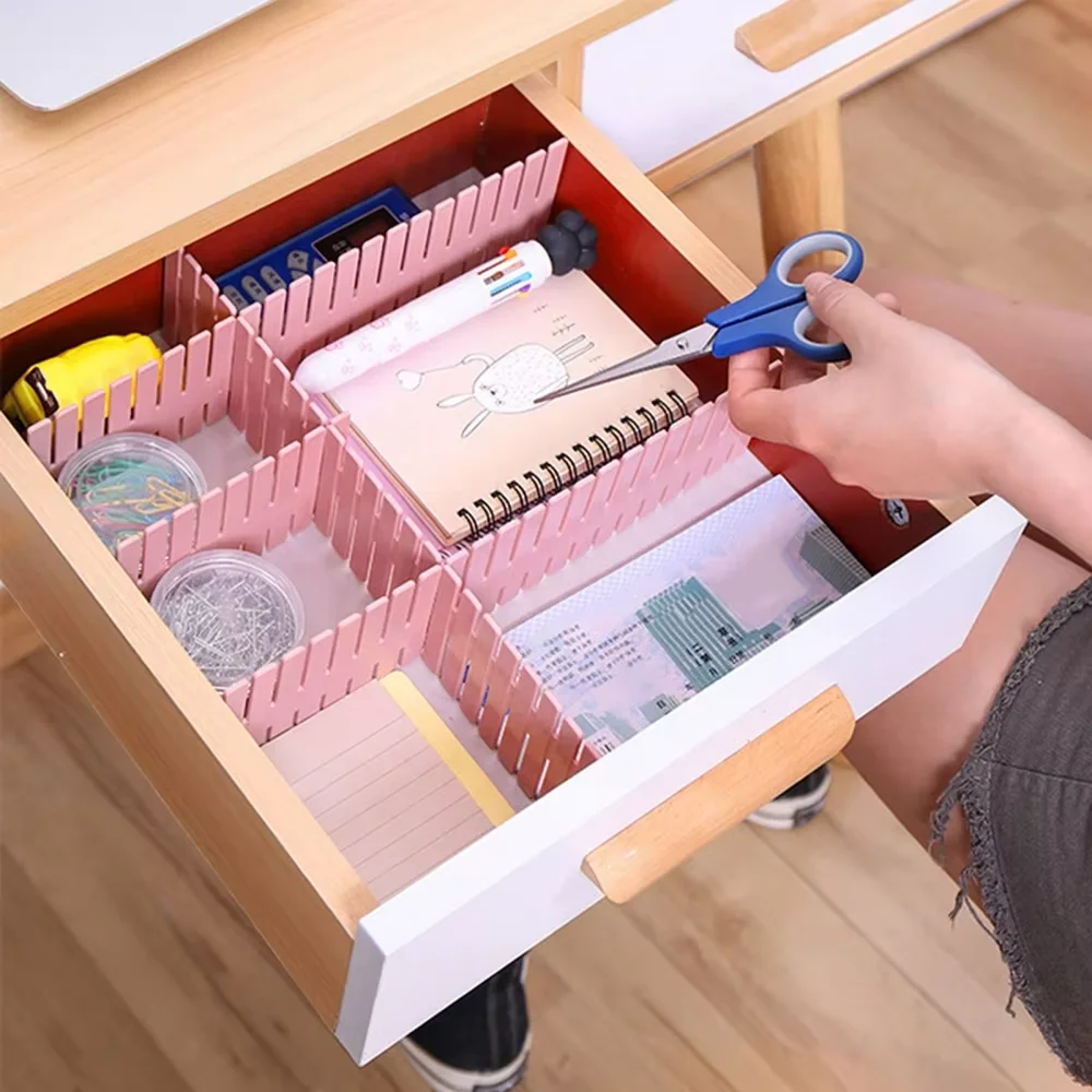 Diy Plastic Storage Organizer Separator for Tidying Clutter Cutlery Pink Adjustable Drawer Divider