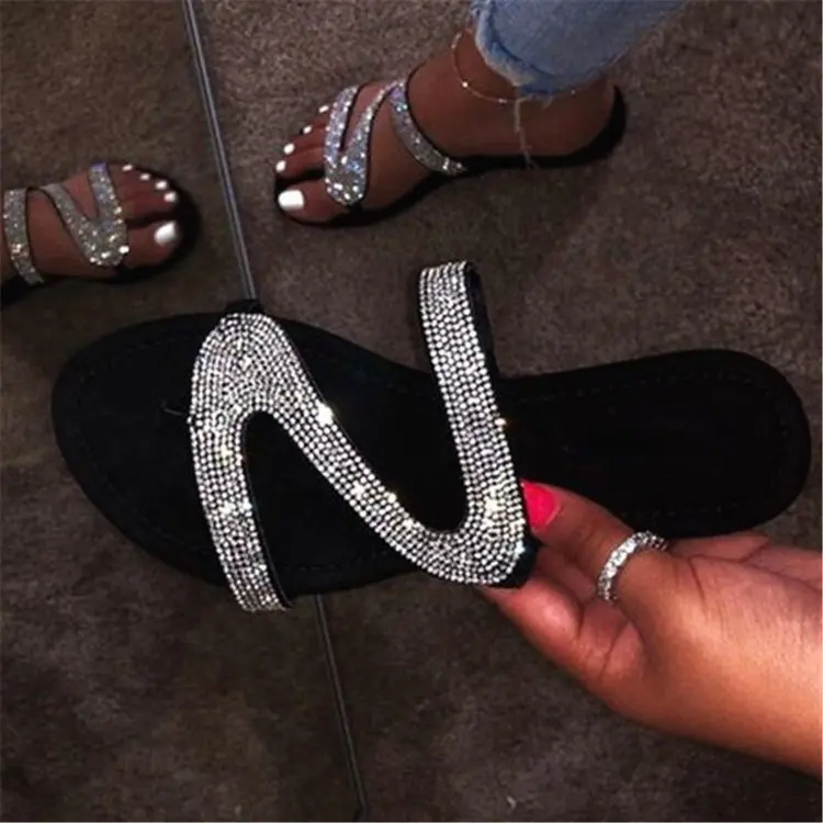 Stylish Ladies Flat Bottom Rhinestone Sandals Slippers Large Size 43 Open Toe Shiny Z Shape Roma Flip Flops