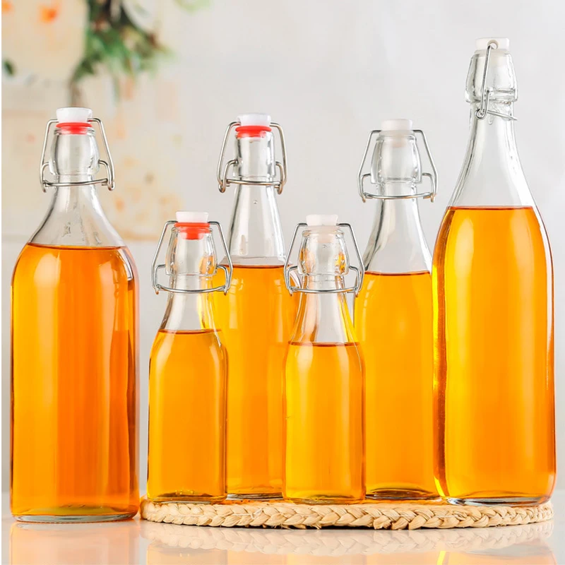 Cheap Wholesale 250/500/750/1000ml transparent swing top glass bottle with stopper for home brewing beverage juice