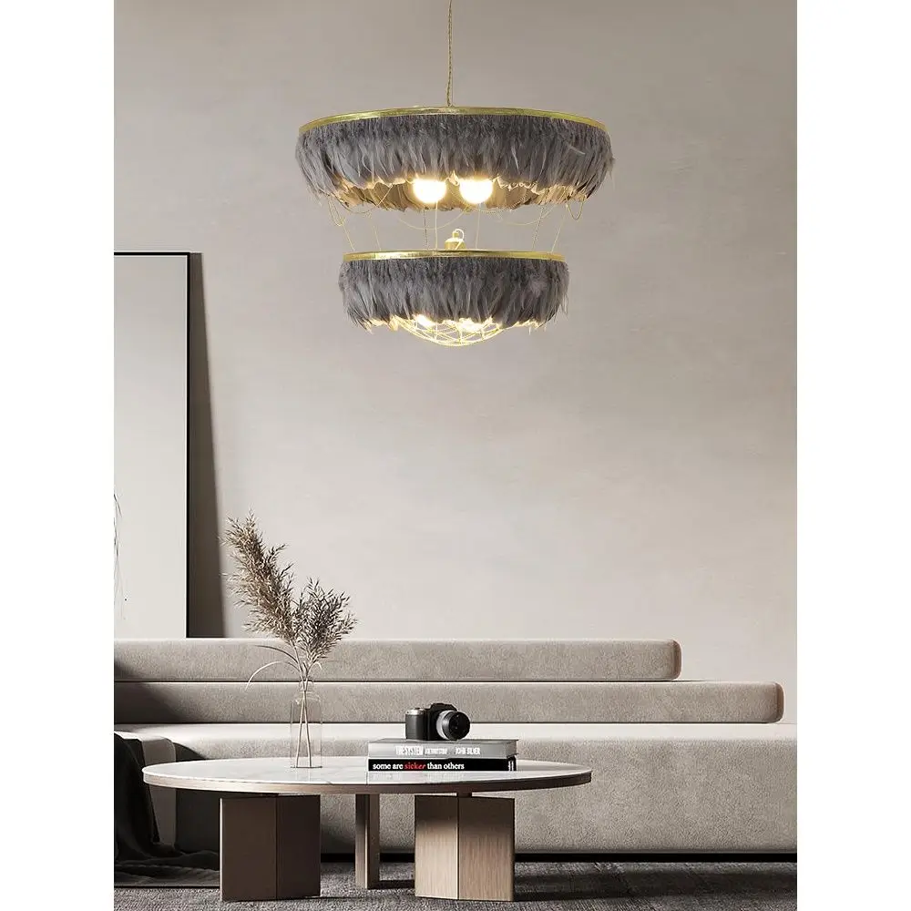 Custom living room light fittings handmade diy art deco style contemporary gold chain black circle led ring feather chandelier