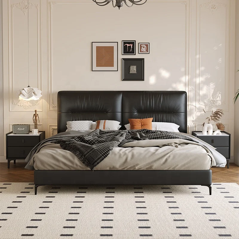 Italian Bedroom Furniture Upholstered Platform Bed Real Leather Bed with Headboard for Bedroom Contemporary Double Bed