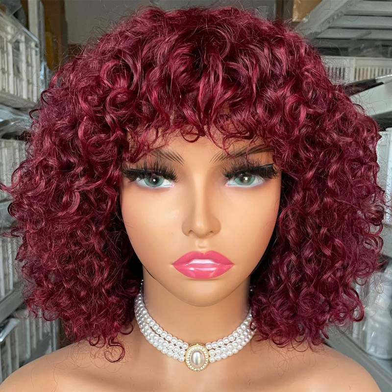 Ms Mary Pixie Cut Curly Short Bob Human Hair Wigs with Bang, 12A Grade Super Double Drawn Raw Cambodian Hair Wig