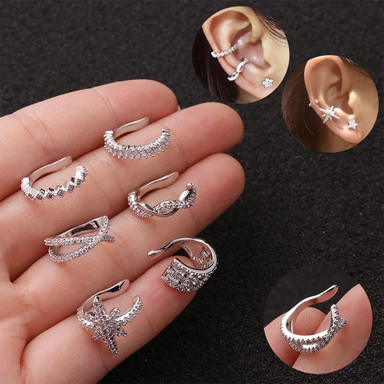 6 Styles Fashion Women Silver Tone Cubic Zircon Non Piercing Cartilage Ear Cuff Earrings