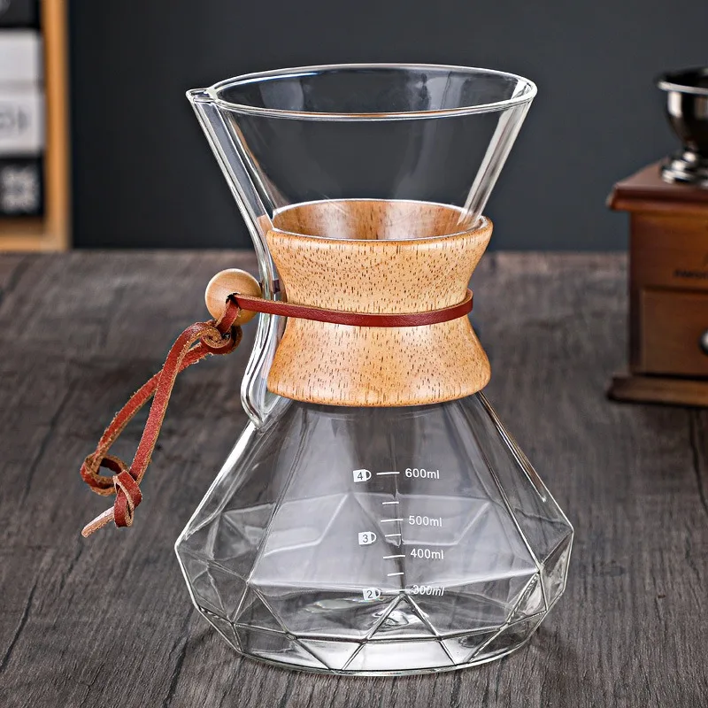 Pour Over Coffee Maker Borosilicate Glass Coffee Carafe Modern Wooden Collar Glass diamond rhomboid Coffee Maker Carafe