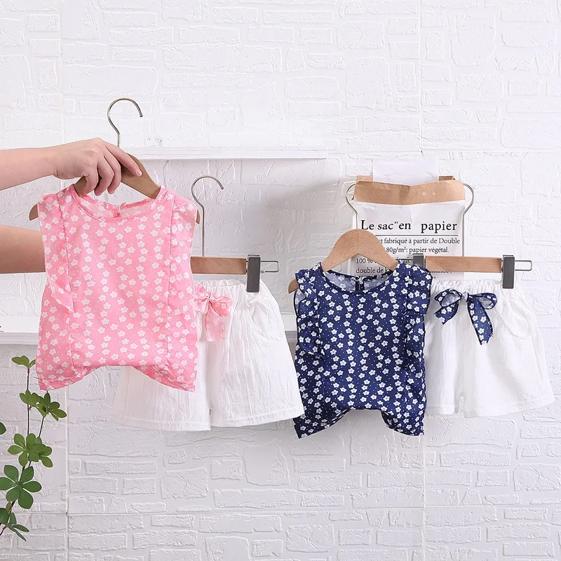 2024 New Casual Kids Girls Outfits Sleeveless Floral Print Vest White Color Shorts 2 Piece Summer Children Clothes