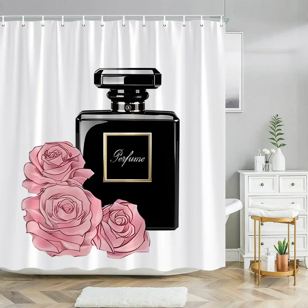 Fashion Perfume Shower Curtain Set Pink Rose Flower Modern Woman Girl Home Bathroom Decor Non Slip Rug Bath Mat