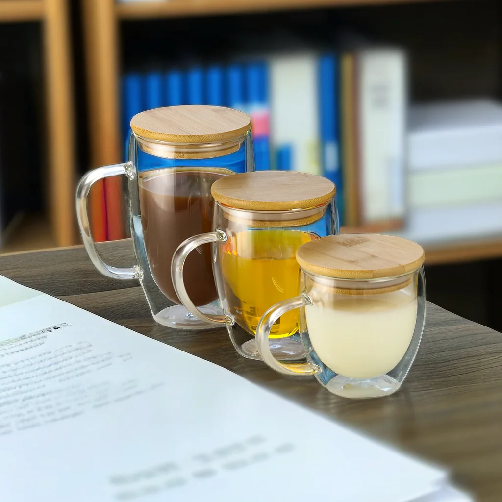 Handblown Elegant Reusable High Borosilicate Double Wall Glass Coffee Cup with Handle And Bamboo Wooden Lid For Drinking Mug