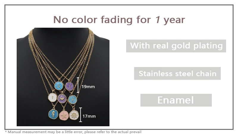 Fashion Round Gold plated stainless steel Chain Enamel Cross Lighting Anchor Moon Butterfly Sea Horse Sea Star Pendant Necklace