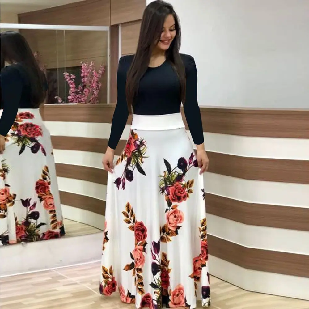 Flower Print Color Matching Women Dress Short Sleeved Long Sleeved Maxi Lady Floral Long Skirt 2 Piece Skirt Sets Women