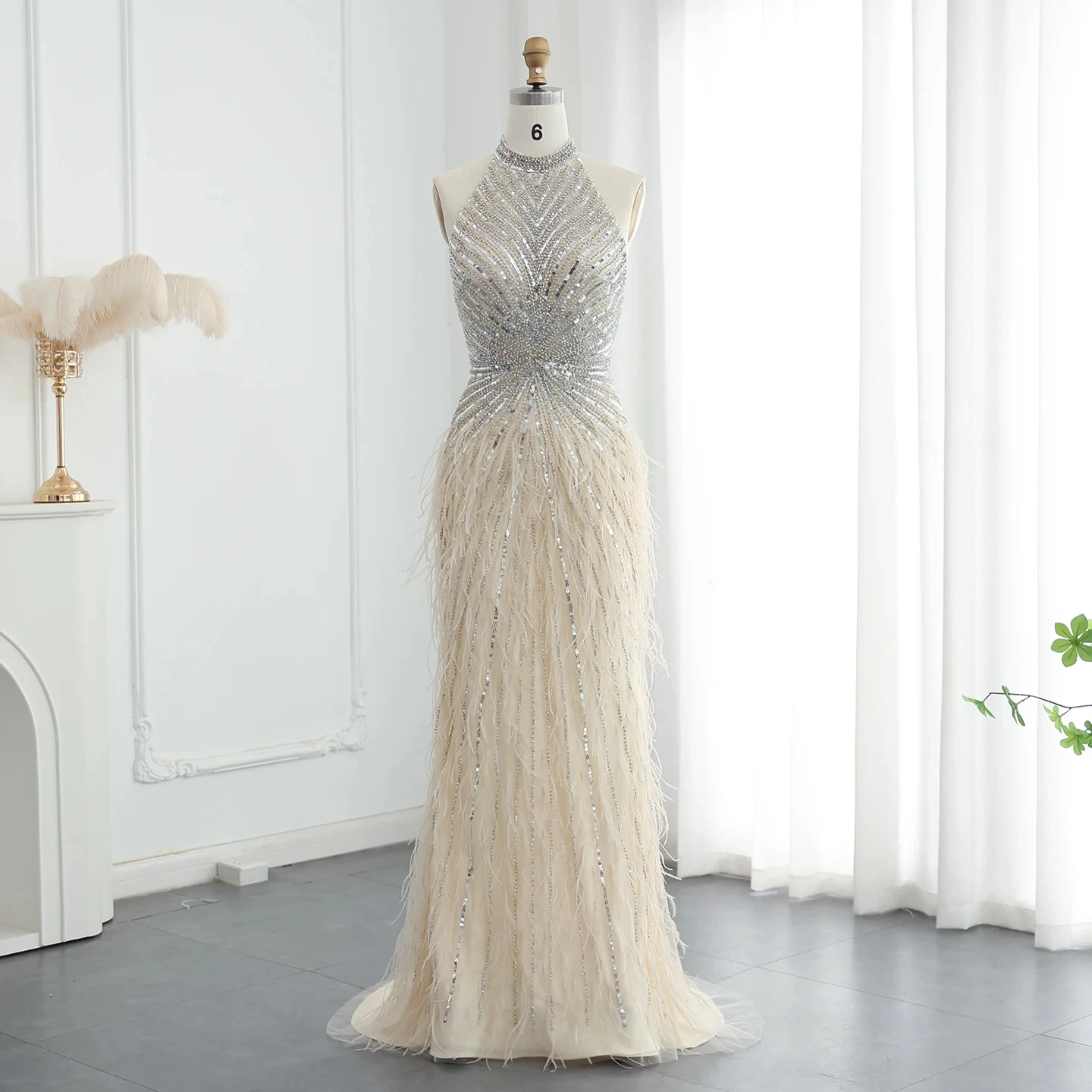 Luxury Beaded Feathers Mermaid Silver Gray Evening Dress Halter Backless Blue Beige Arabic Formal Party Gown SZ006-2
