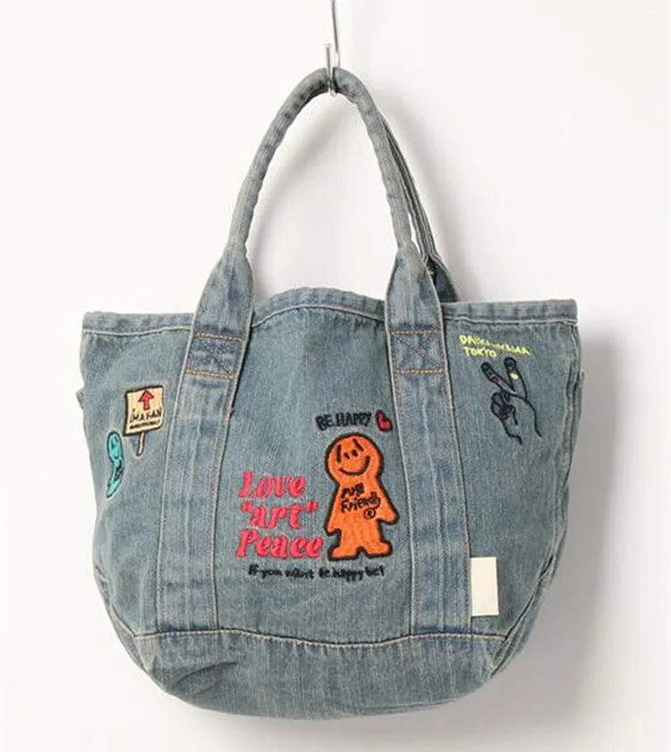 Denim tote bag jean classic book tote bags denim shopping tote wholesale knitted tote bag