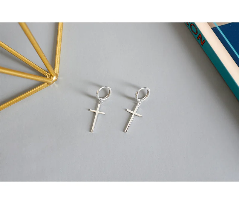 S925 Sterling Silver Fashion Minimalist Temperament Glossy Round Cross Long Earrings