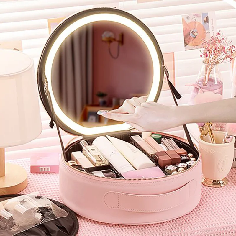 Round Large capacity smart bright artist professional make up organizer travel cosmetic makeup bag case with led light up mirror