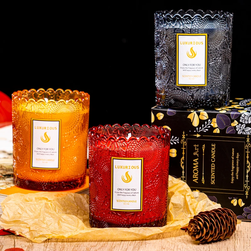 40h Burning Time Lace Edged Glass Jar Scented Candles Smokeless Soy Wax Natural Ingredients Unique Fragrances for Ambiance