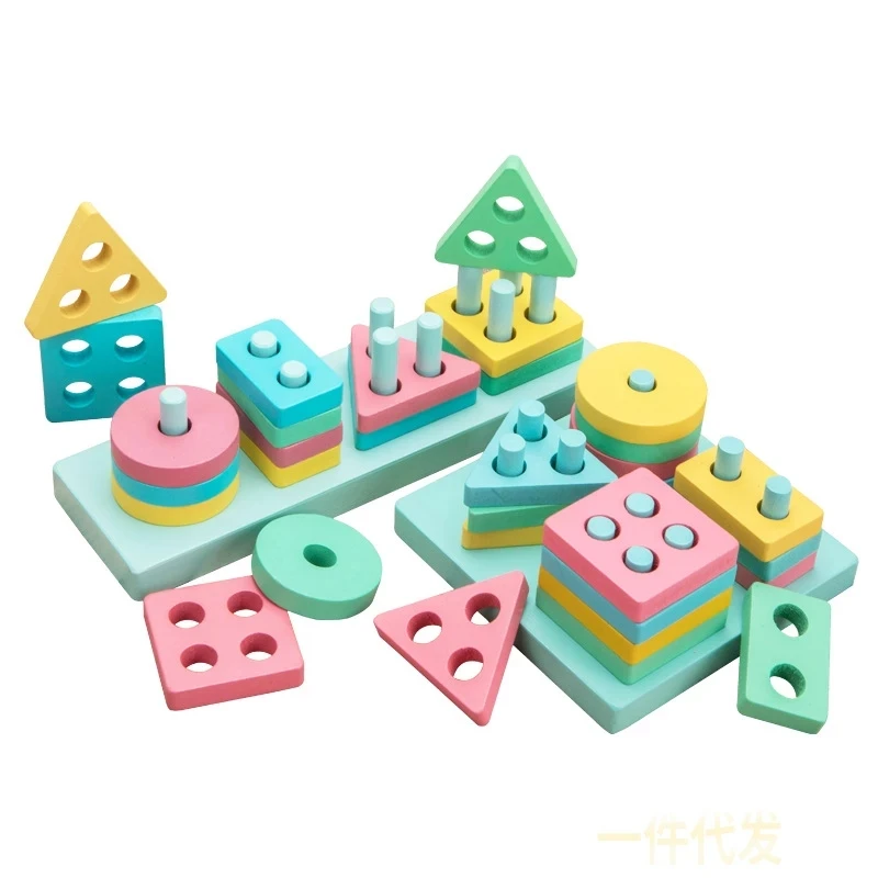 Kids Educational Wooden Toy Pillar Blocks Macaron Color Baby Building Blocks Early Education Learning Shape Matching Set Column
