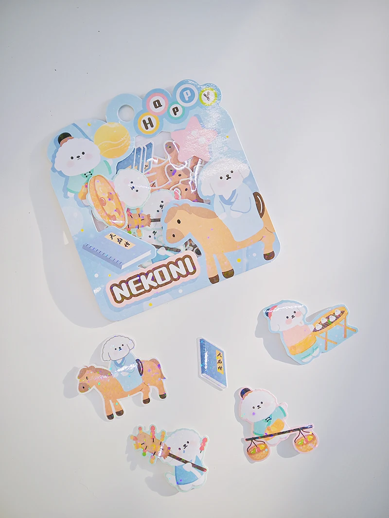 Nekoni Animal Original Chinese Vintage Stickers Kitty Bunny Otter Little Dog Panda Bear Sticker Pack Sparkly Glittery Stickers