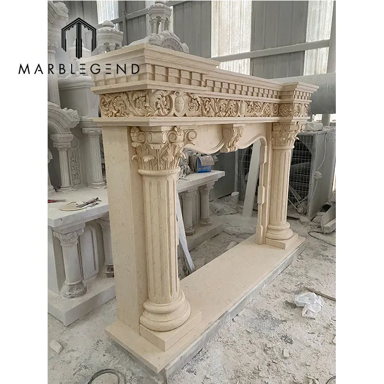 provide villa decoration service nature stone and hand carved fireplace frame freestanding Egypt beige marble fireplaces