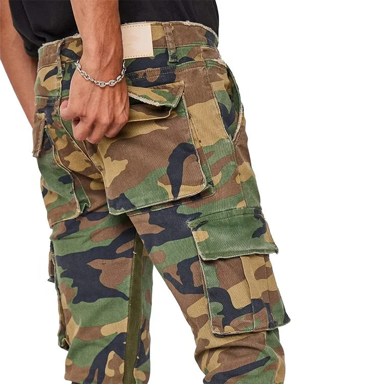 Manufacturer Sale Casual Camo Denim cargo Pants Camouflage Colored Cargo Pocket Jeans  Custom Stacked Jeans