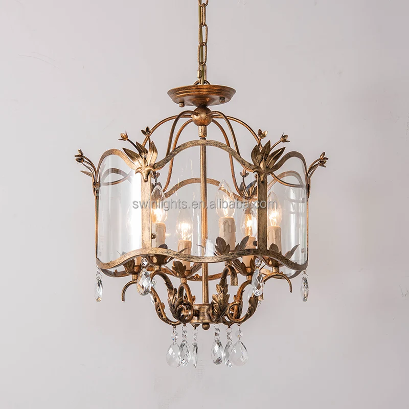 New french chandelier glass drum pendant light antique gold crystal ceiling light