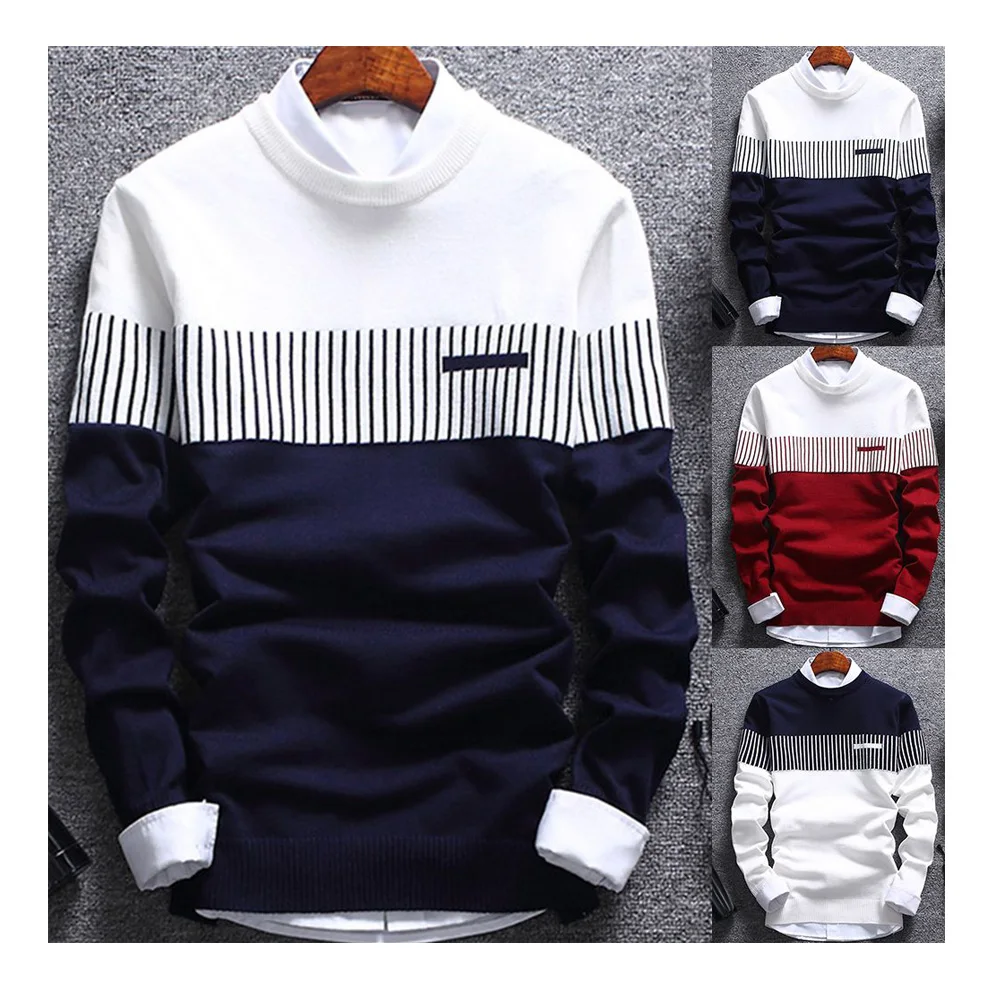 Korean Trend Knitted Black Plus Size Fashion Striped Men Crew Turtle Neck Hooded Wool For Men Crewneck Sweatshirt Sweaters