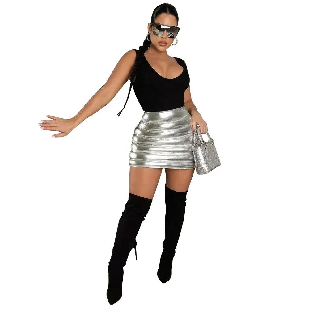 2022 new design silver shiny zipper skirt waterproof fall winter style short puffer skirt for women