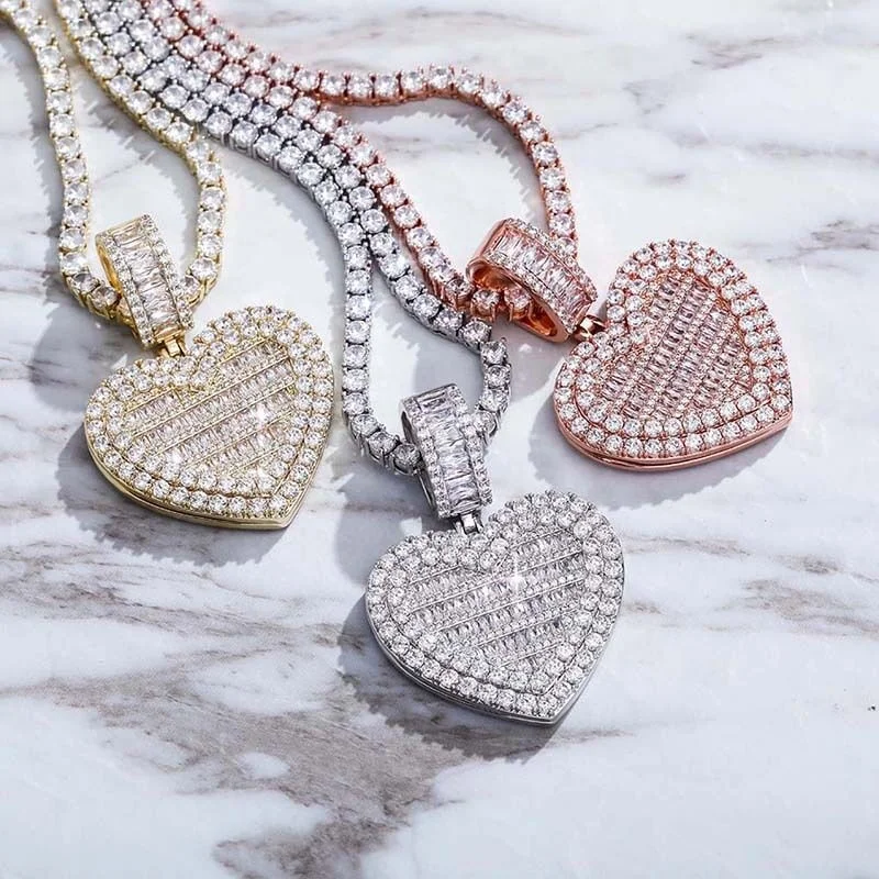 Iced out bling rectangle cz heart shaped locket pendant heart photo frame necklace