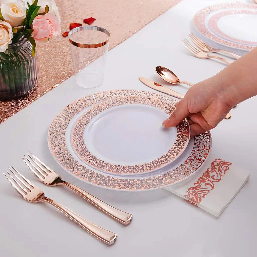 disposable plate gold/rose/silver hot stamp plastic dinnerware set 25 sets with marble
