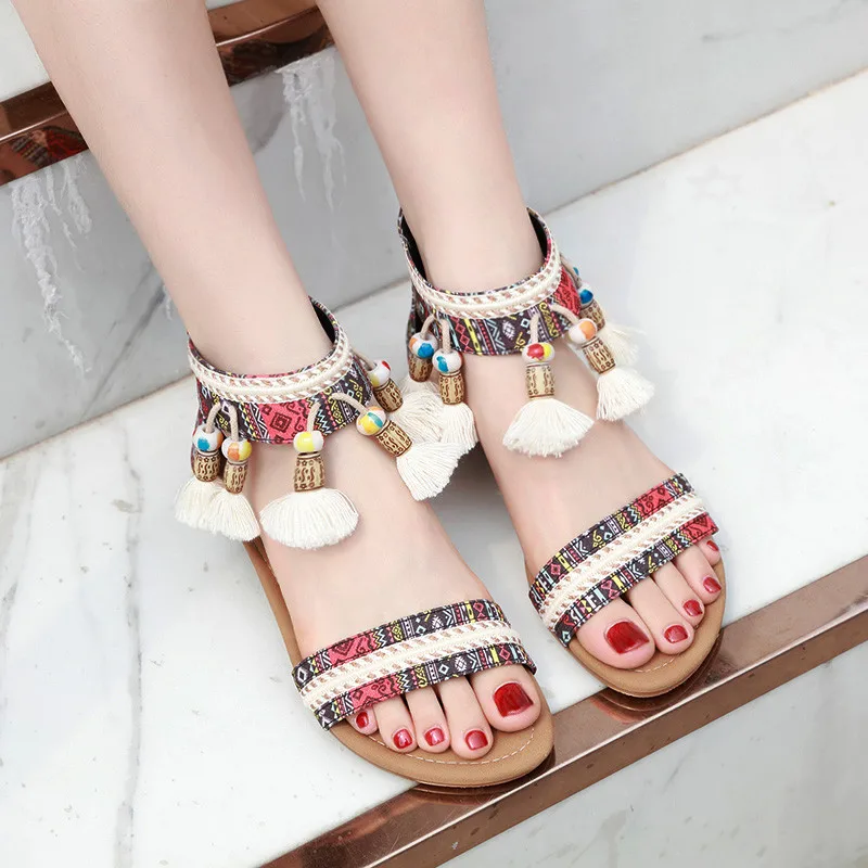
Women Fashion Rome Bohemia Rhinestone Soft Sole Open Toe Flat Sandals Comfy Summer Shoes Plus Size 