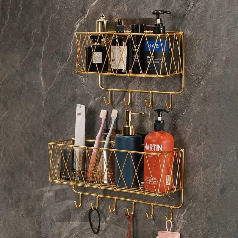 Waterproof Square No Drilling Wall Mounted Metal Bathroom Storage Adhesive Shelf Organizer Multi Functional Storage Rack
