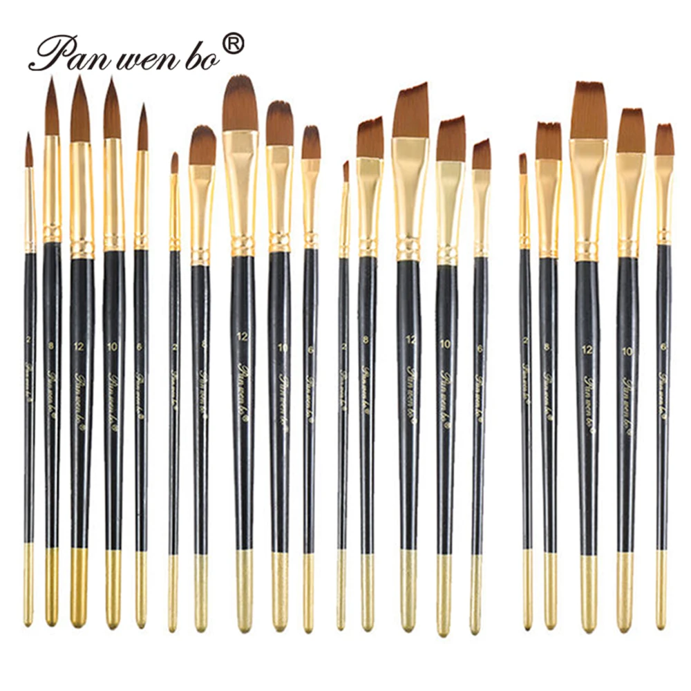 Panwenbo 5pcs Wood Handle Nylon Oblique Peak Hair Oil Watercolor Brush Painting Brush Wholesale Paint Brush Set