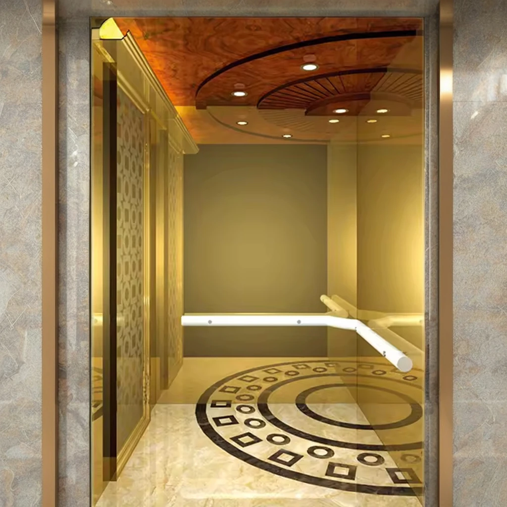 Luxury design Gold metal texture Villa house passenger elevator traction Lift Platform