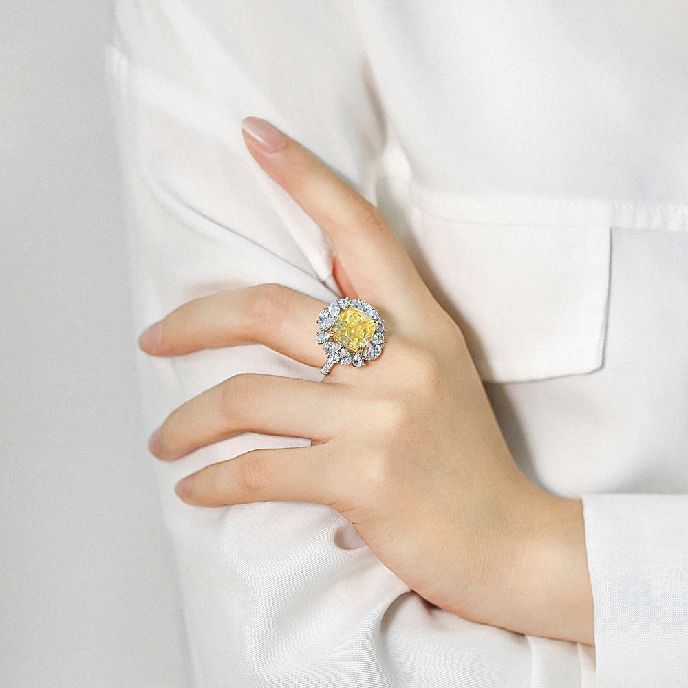  Luxury Design High Quality 925 Sterling Silver Carbon Dril Platinum Plated Yellow Gemstone Women Engagement
