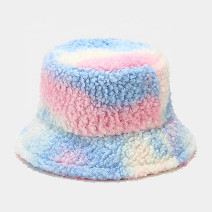 
Wholesale Fashion Tie dye Fisherman Hats Women Autumn Winter Windproof Warm Lamb Feather Hood Bucket Hat 