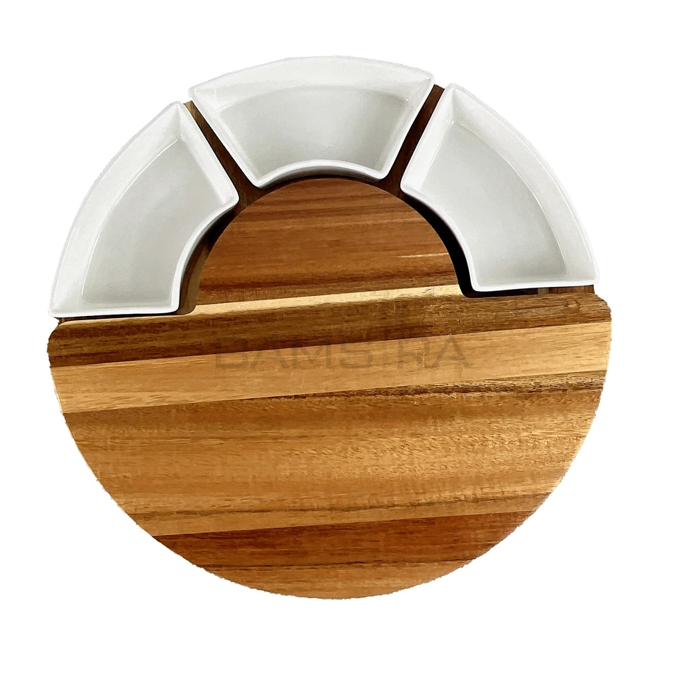 Rotating Cheese Cutting Board, Acacia Wood Cheese Tray with Bowls, Knives, Slates, Chalk/ Bamsira_BSCI