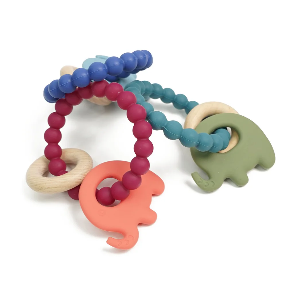 Hot Seller Factory Customize Soft Kids Teething Toys BPA Free Food Grade Silicone Elephant Style Teether With Beech Wood Ring