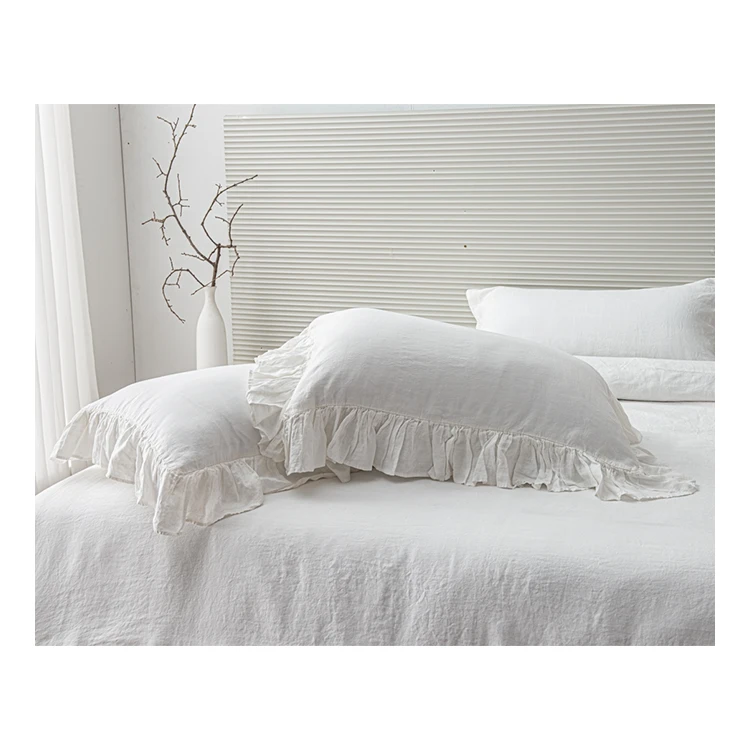 LZ  flax linen bed set stonewashed 100% linen pillow cases duvet cover white ruffled french linen bedding