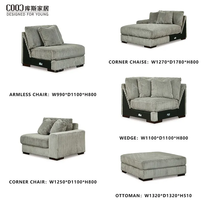 White Comfy Oversized Fluffy Corduroy Modular Luxury Modern Sectional Sofa Couch Set Furniture Living Room Sofa