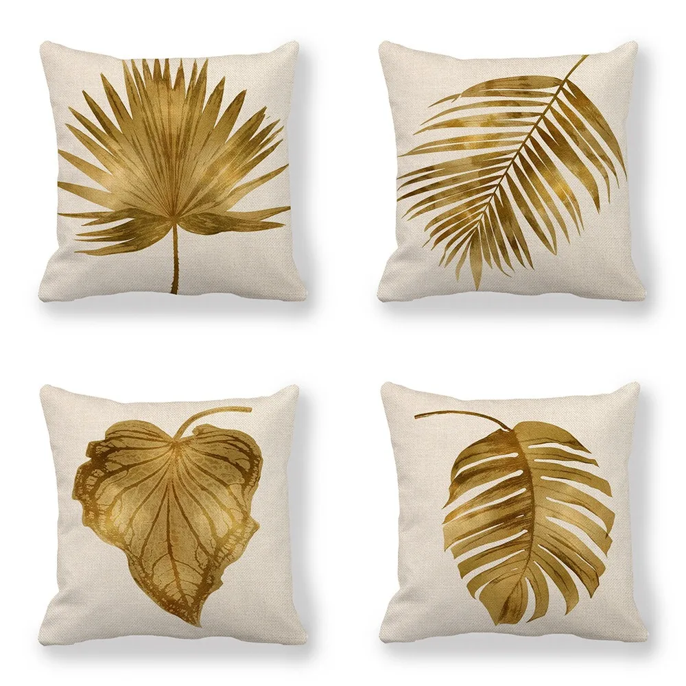 JA Wholesale Gold Print Leaf Square Throw Pillow Covers Home Decorative Couch Sofa Bedroom Cushion Cases for Living Room
