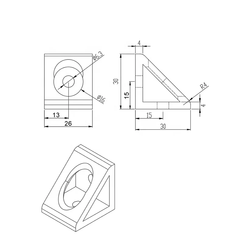 Aluminum 6031 6063-T6 CNC 90 degree 2 Hole Inside Gusset Corner Bracket wall mounting flexible bracket for 30/40/45
