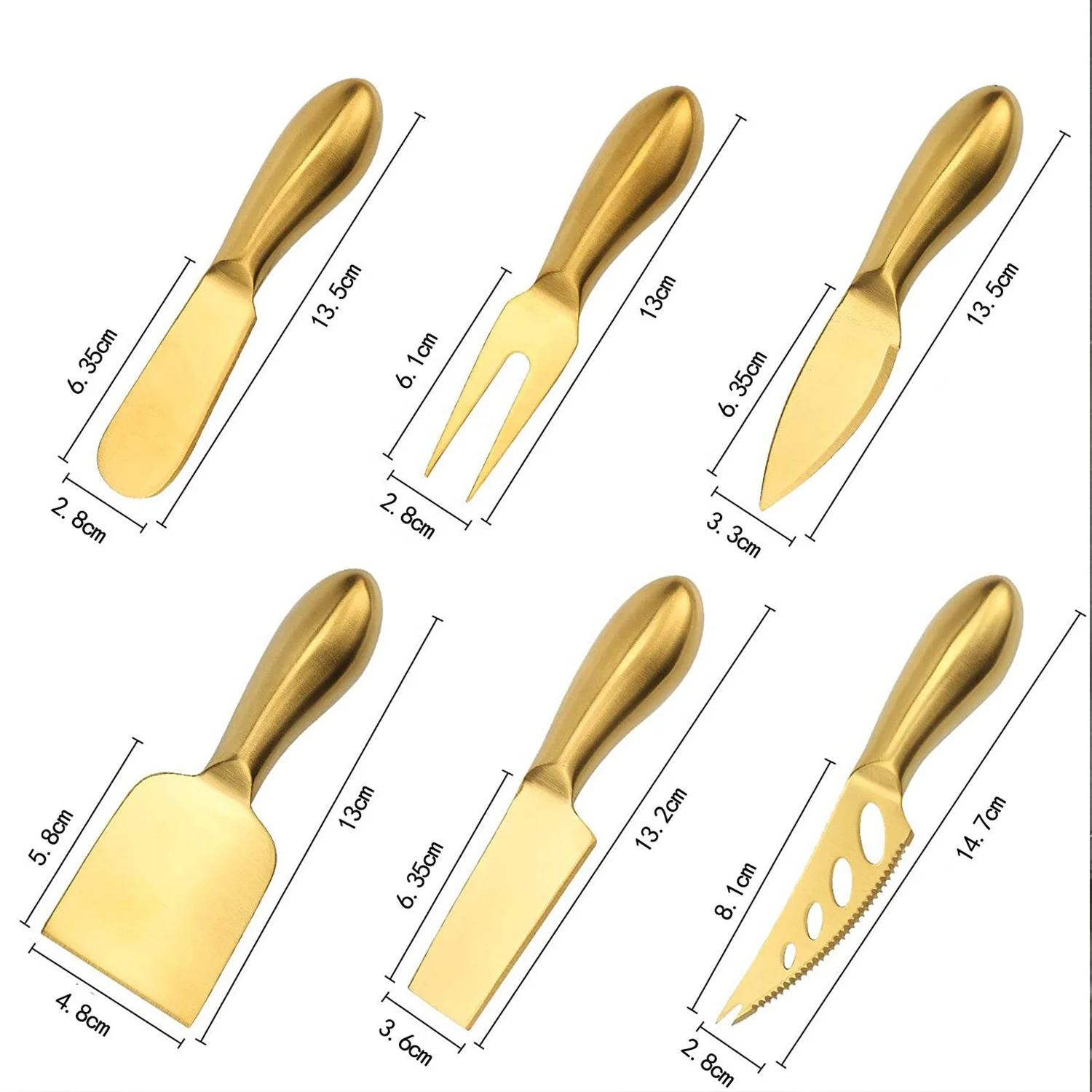 Cheese Tool Collection Stainless Steel Cheese Cutter Spreaders Fork Slicer Premium 6-Piece Golden Cheese Knife Set