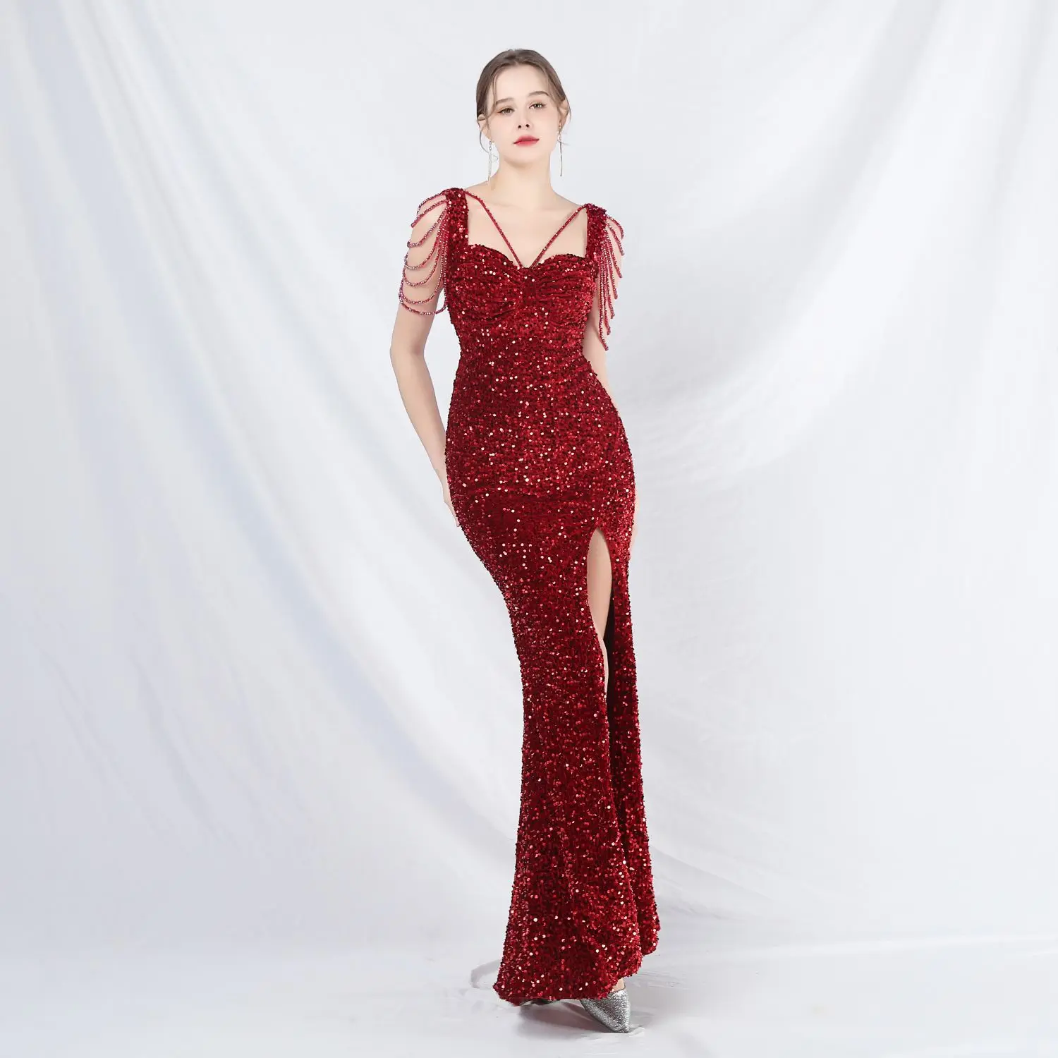 31828# New 2024 celebrities formal occasion velvet beads handmade beaded long evening dress
