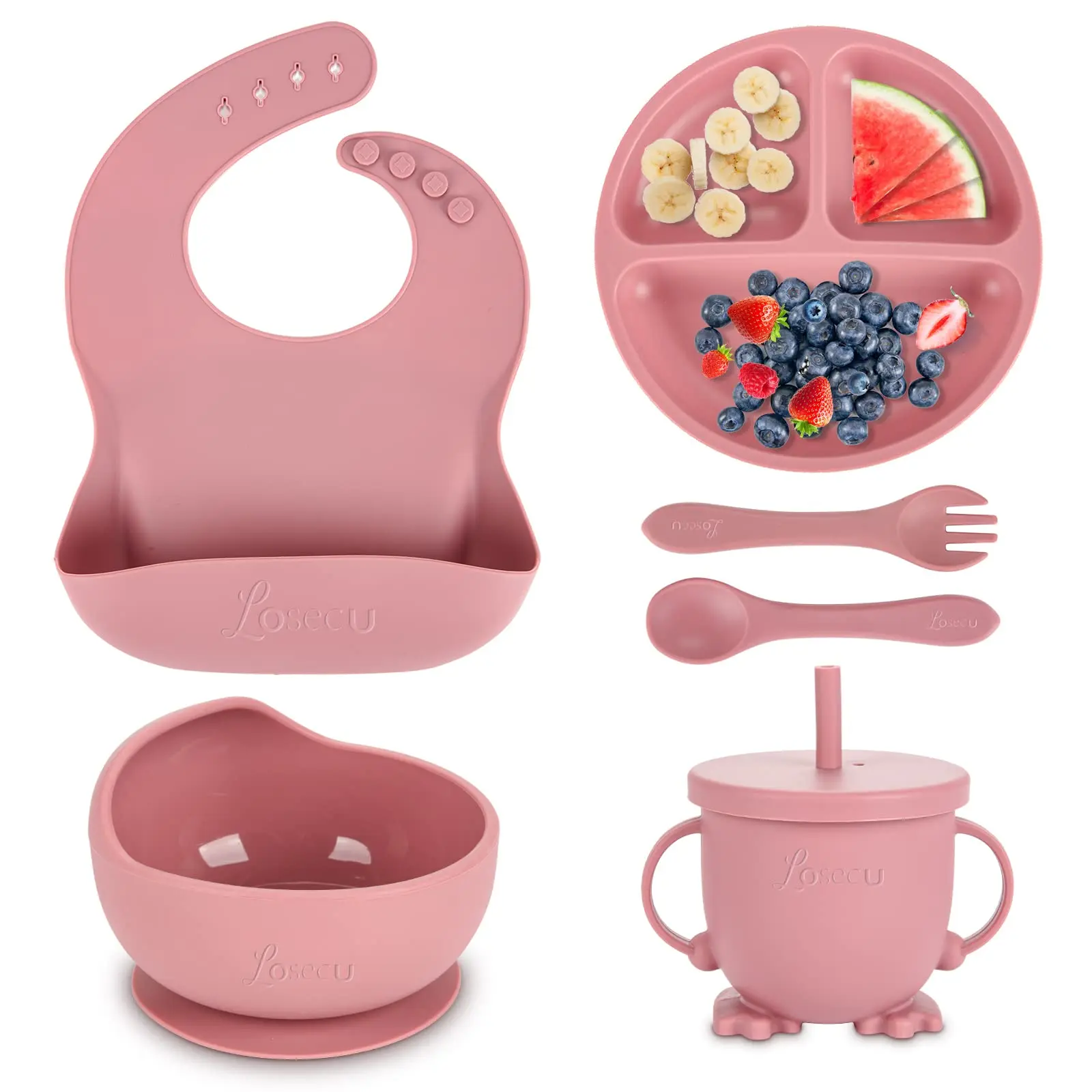 2024 Bpa Free Food Grade Silicone Baby Feeding Set Suction Baby  Bib Spoon Fork Sippy Cup Plate Bowl Baby Led Weaning  Set