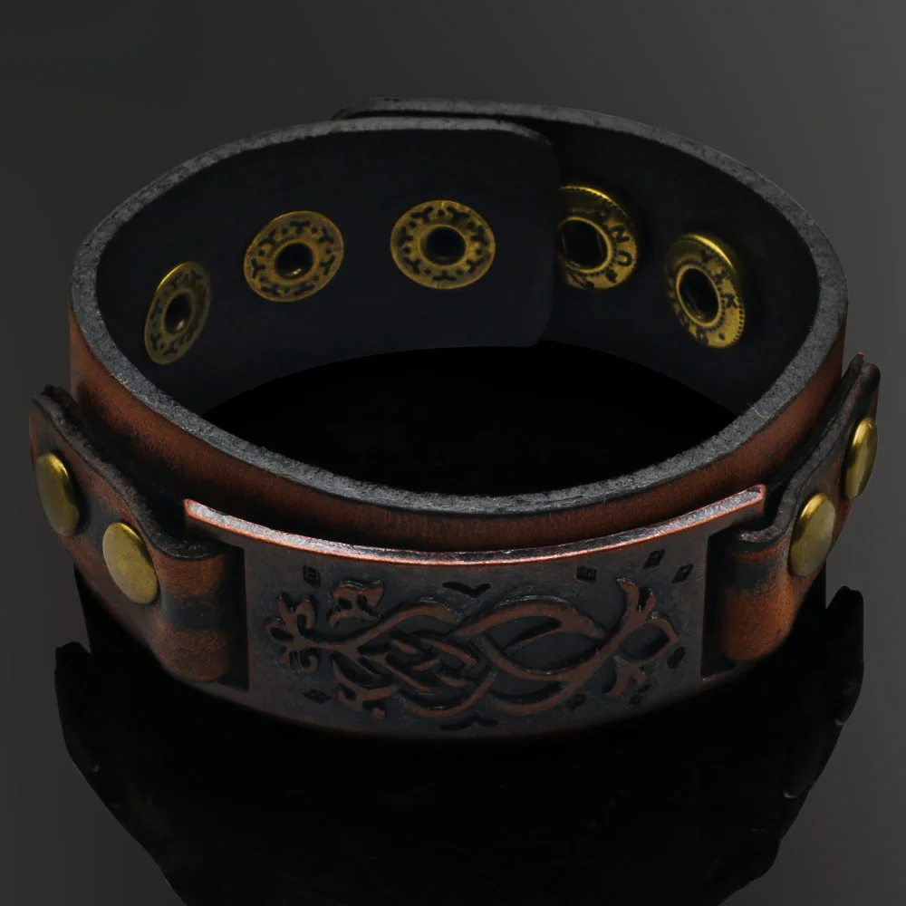 Retro Punk Genuine Leather Wide Belt Bangle Bracelet Rock Wristband Cuff Vintage Totem Metal Viking Leather Bracelet