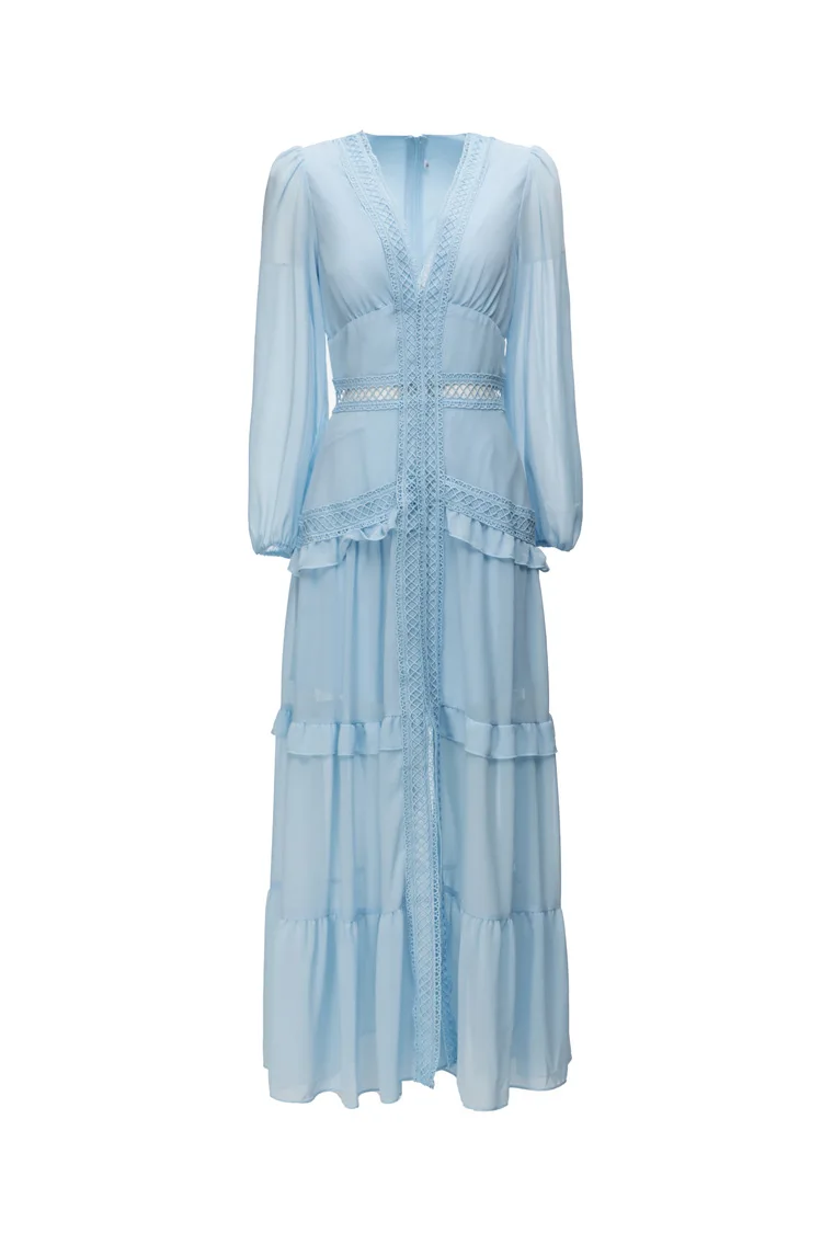 Elegant V Neck Long Maxi Ruffled Lace Tiered Dress For Women Clothing Manufacturer