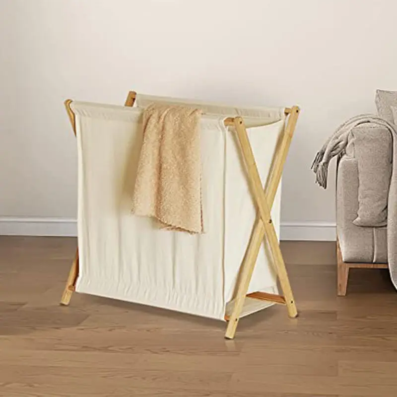 Bamboo laundry basket Wooden X frame with cover laundry basket, folding dirty clothes sorting organizer laundry storage basket