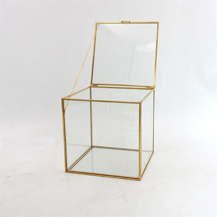 Wholesale custom vintage small geometric metal trinket box rose gold copper glass jewelry ring display box for wedding favor