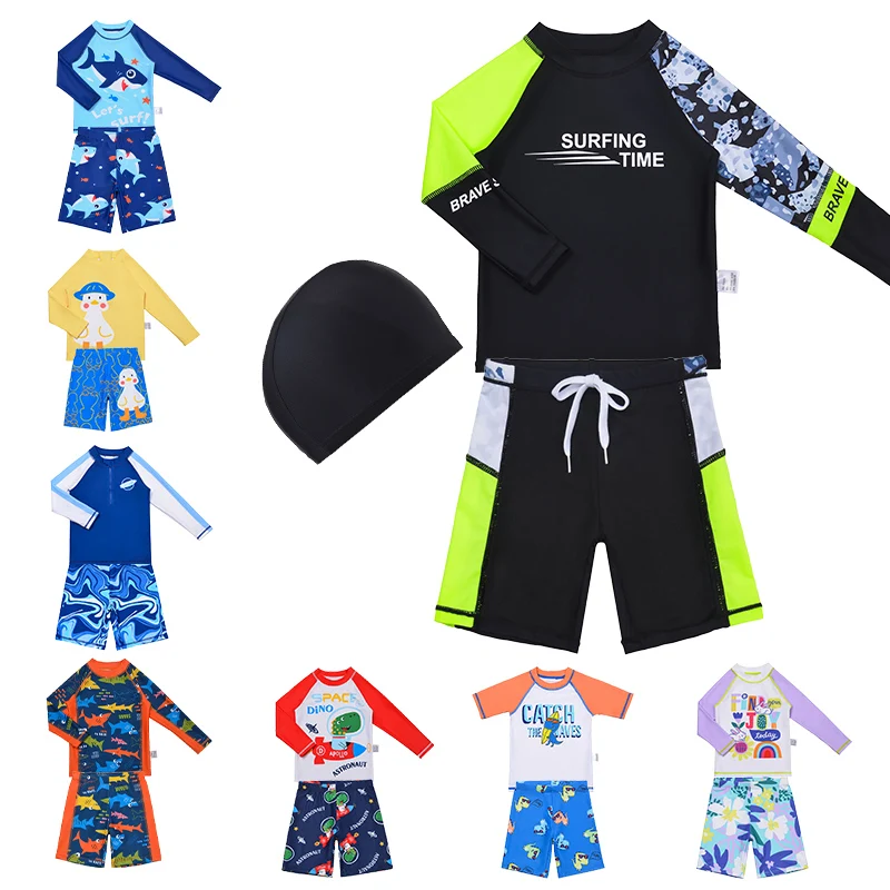 Wholesale Cheap Custom Boys Swimsuit Casual Hot Spring Swimming Trunks Set Vintage Long Sleeve 2 Piece Knitted Baby Swimwear