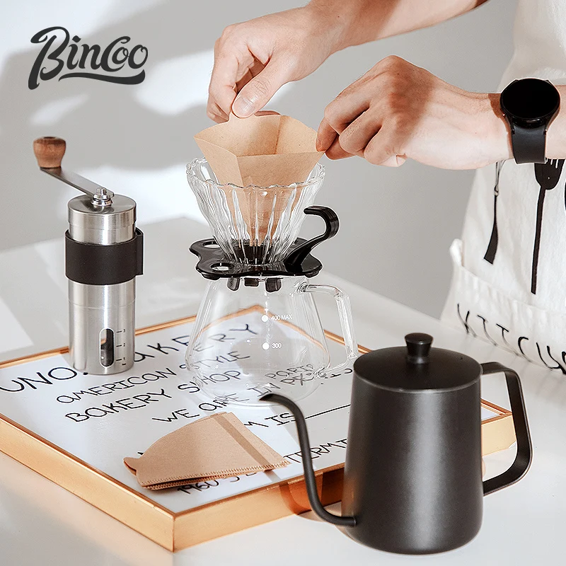 Bincoo Basic 5-piece Pour Over Coffee Maker Set with Gift Box Includes Kettle, Coffee Grinder and Glass Filter, Coffee Filter Pa