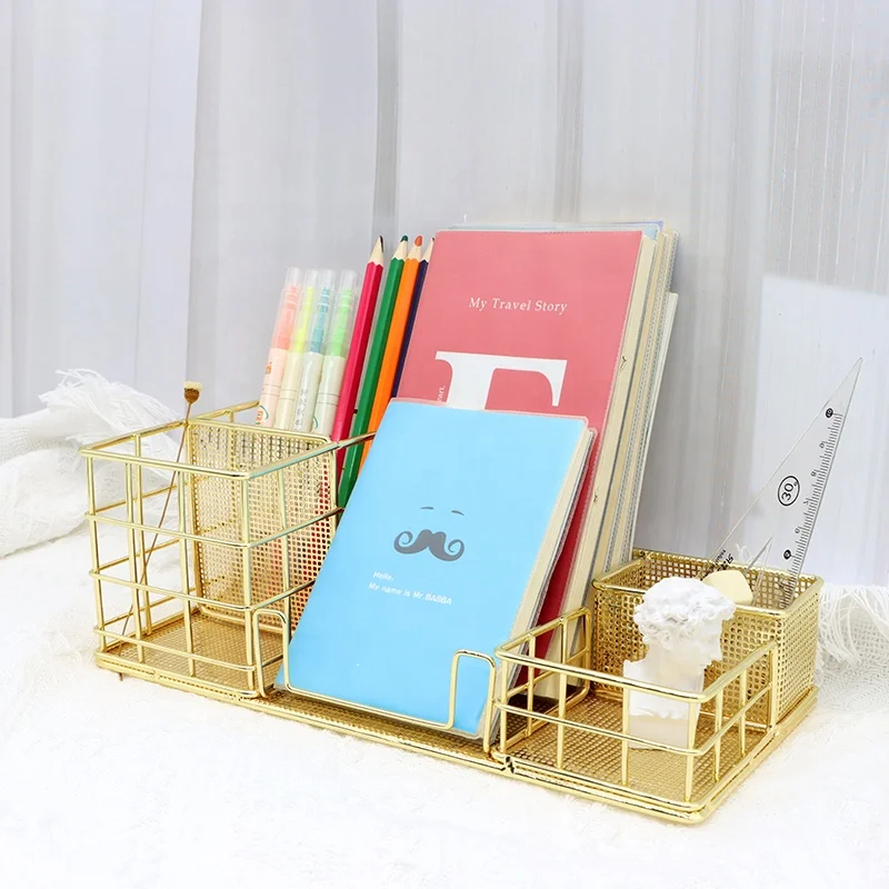 Gold Desktop Storage Manufacturer Custom Books Pens Organizer Basket